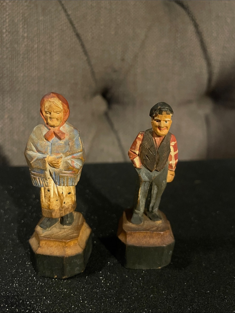 Old Hand-Carved Folk Art Elderly Couple Figurines -Andre Bourgault from Canada